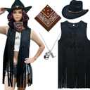 ATAMET Western Cowgirl Outfits for Women Cowgirl Fringe Vest Cowboy Hat Necklace Bandana,70s Hippie Costume for Halloween (XX-Large, Black)