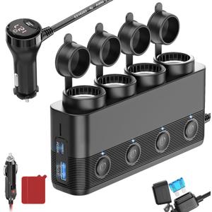 Cigarette Lighter Splitter Car Charger, 300W 4 Socket Car Plug in Outlet 12V Adapter with Dual PD 36W and QC3.0 USB C Multi Port & Independent Switch & Dust Cover & Voltmeter for All Car Devices