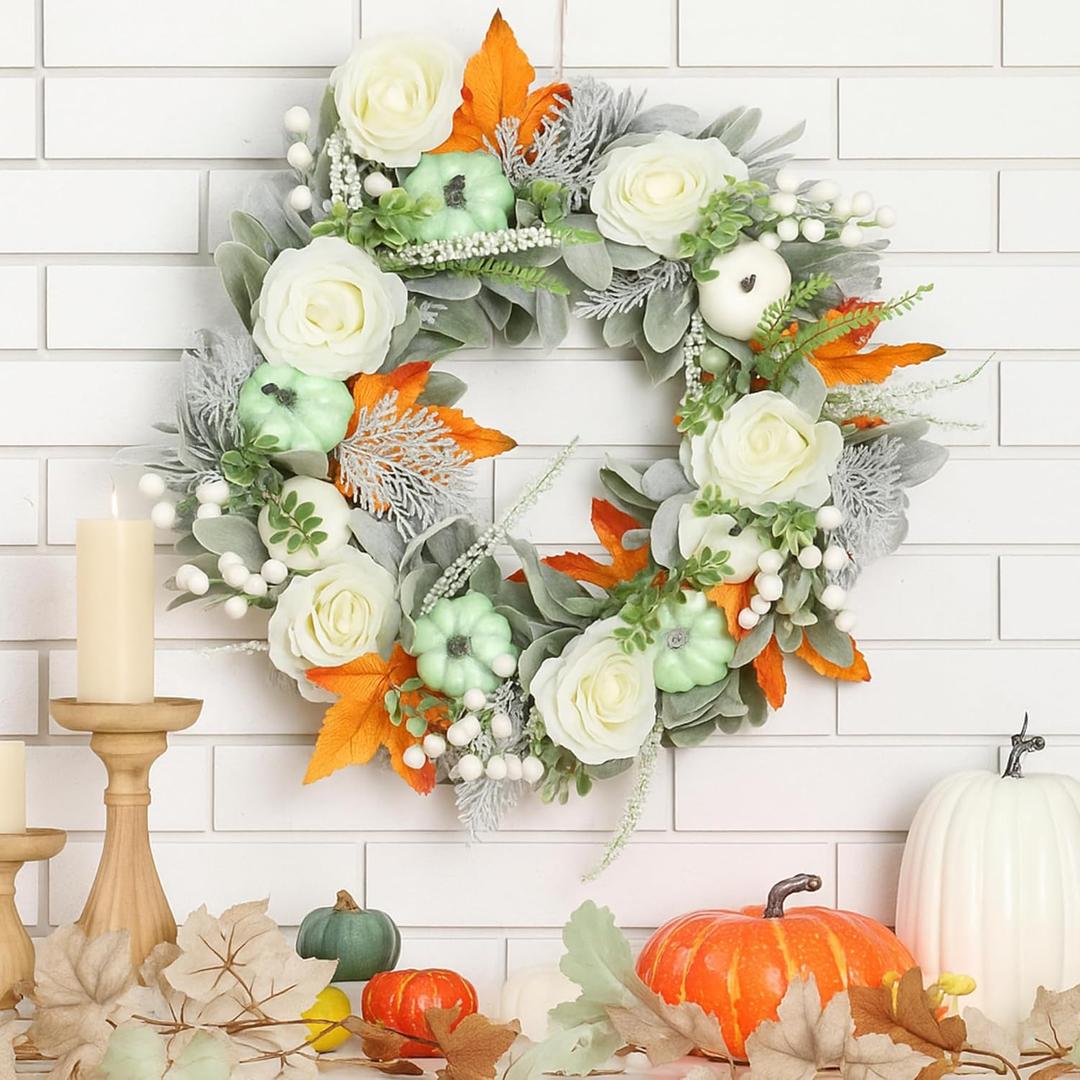 20 Inch Thanksgiving Fall Wreath Eucalyptus Berries Pumpkins Rose Lamb Ears Maple Leaf Harvest Autumn Wreaths for Front Door, Fall Decor, Porch Wall, Home Outdoor Holiday Decorations