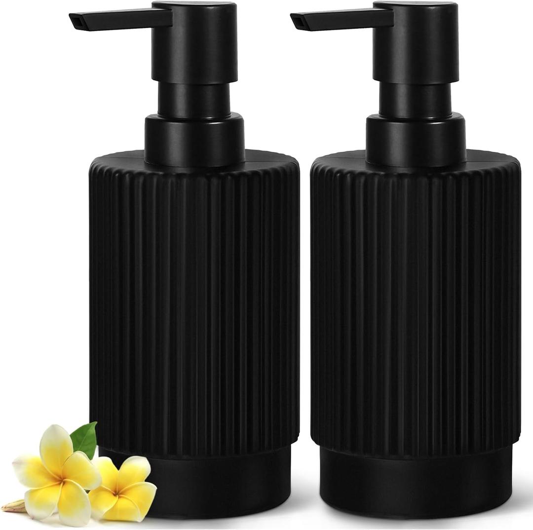 Hand and Dish Soap Dispenser Set for Kitchen, 2 Pack 11 fl oz Matte Black Ribbed Glass Soap and Lotion Dispensers Sets with Pump for Bathroom, Modern Refillable Liquid Soap Pump Bottle