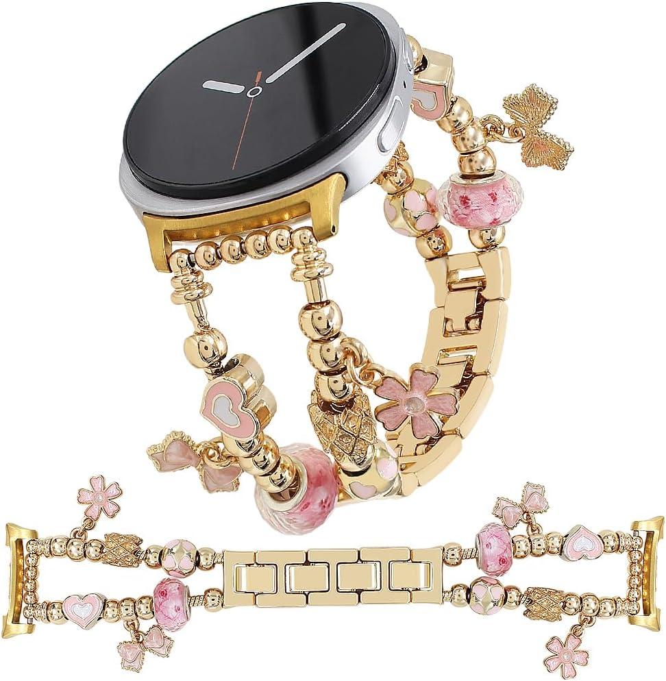 Gold Watch Bands Compatible with Samsung Galaxy Watch 8 40mm/44mm/Classic 46mm, Unique Charms Chain Strap Pandora Bracelet Wristband for Galaxy Watch 8 Classic 46mm Women (Pink Flower+Gold)