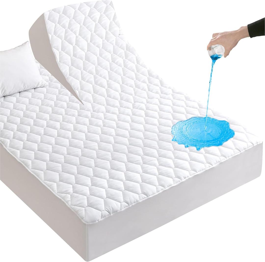 Waterproof Split Top King Mattress Protector for Adjustable Beds, Breathable Noiseless Split Top King Mattress Pad Cover, 32-34" from Head, 6-18 Inches Deep Pocket, White