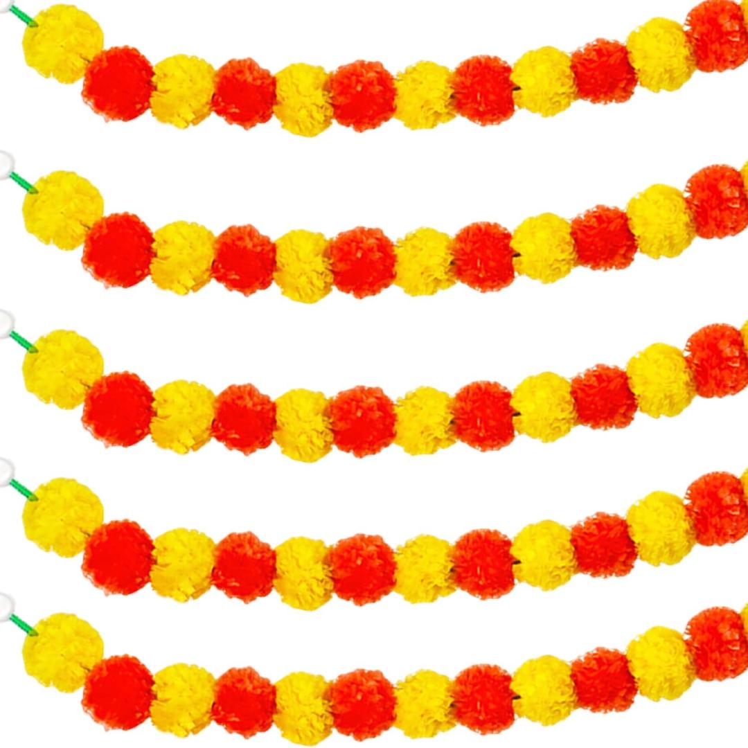Orgrimmar Marigold Garland for Decoration,5 Pcs of 5-Feet Long Artificial Flower Garlands,Indian Dcor for Pooja, Wedding, Halloween, Diwali,(Yellow & Red) (Multi Color)