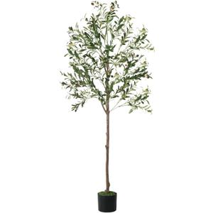 Olive Tree, 6FT Tall Faux Olive Tree with Lights Moss and Planter, Olive Trees Artificial Indoor with Realistic Wood Trunk and Lifelike Fruits, Fake Olive Tree for Home Office Living Room Decor