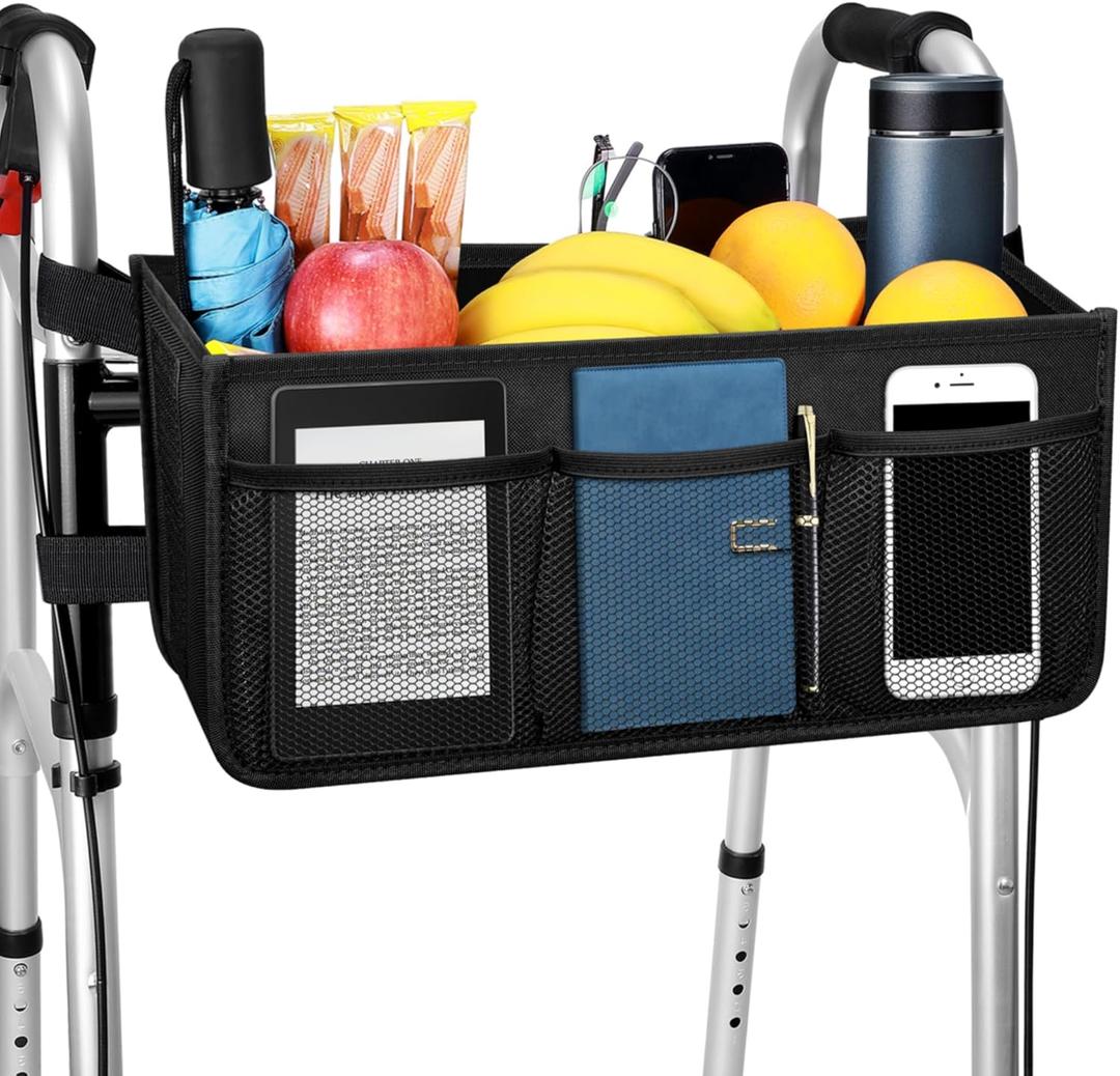 Upgrade Dotday Walker Basket Walker Bag Water Cup Holder, Foldable Walker Storage Bag with Big Capacity & Never Tipping Over, Best Gift for Family - Black (Not Fit Rollator Walkers)