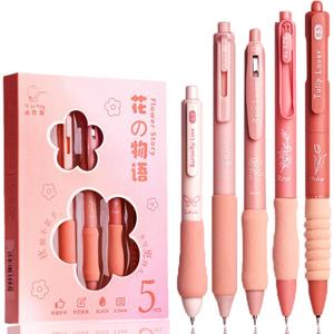 5 Pcs Flower Pens, 10 Pcs Retractable Quick Dry 0.5mm Fine Point Black Pen Refills Ink Unique Pens of Gift Cute Gel Pens for Women (Flower pen set)