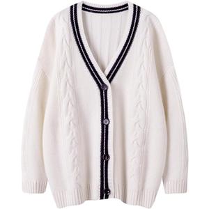 CHARTOU Chunky Cardigan Sweaters for Women Contrast Trim Loose Open Front Fall Cardigan Coat (XX-Large, White)