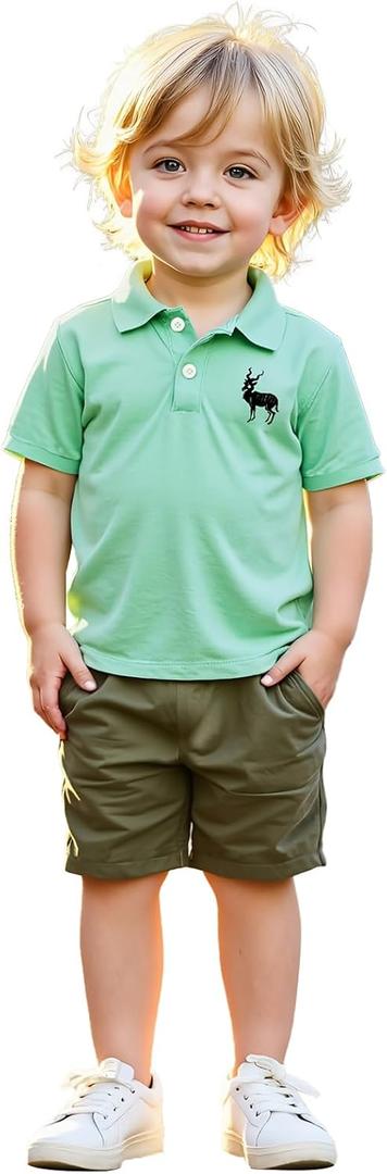 xueteox Toddler Boys Casual Shirt Set, Short Sleeve Top and Shorts 2-Piece Summer Outfit for Kids. (Green) 5T