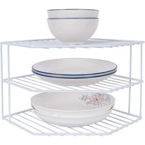 3-Tier Corner Shelf Counter and Cabinet Organizer - Steel Metal Wire - Rust Resistant - Plates, Dishes, Cabinet & Pantry Organizer - Kitchen Organization (10 x 7.5 Inch)(White)