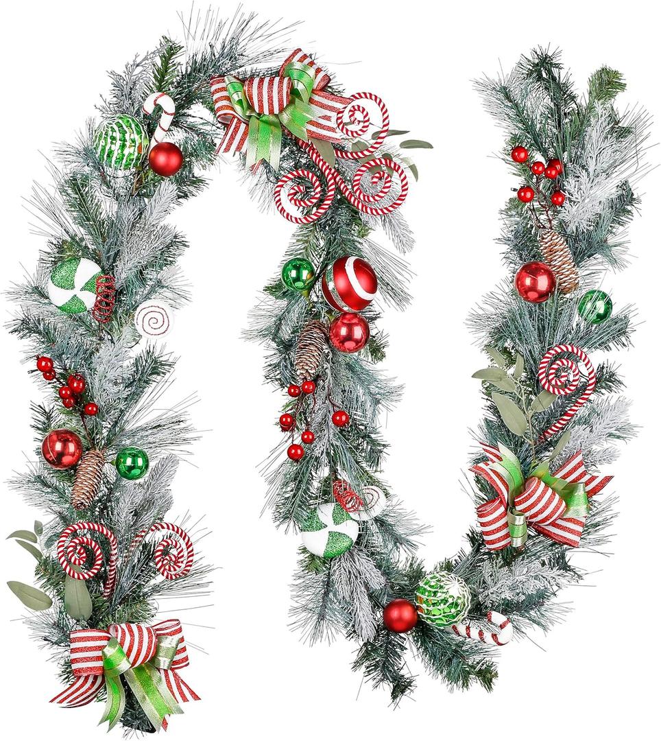 Valery Madelyn 9 Feet Pre-Lit Christmas Garland with Lights for Mantle, Lighted Outdoor Xmas Garland with Elf Red Green White Balls for Home Stairs Fireplace Table Centerpiece Indoor Holiday Decor