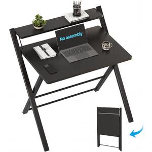 GreenForest No Assembly Folding Desk, 2-Tier Compact Computer Desk with Shelf, Space Saving Foldable Table for Home Office, Dorm or Apartment, Portable Collapsible Sturdy Laptop Desk, Black, 22 x 27.3 inch