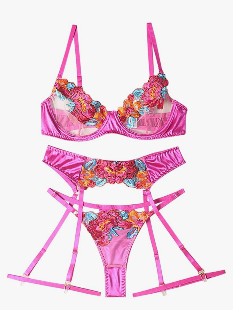 Lilosy Sexy Leaf Floral Embroidered Mesh Sheer Women Underwire Push Up Lingerie Set Size XL