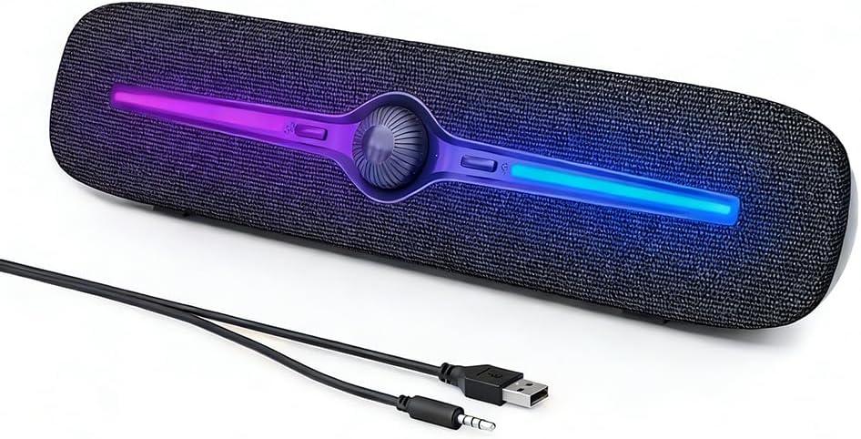 SOULION Computer Speakers for Desktop, USB Powered Bluetooth PC Speaker with LED Light, 3.5mm Aux Soundbar with Rotary Volume Control Button for Laptop Monitor Office Music Game Gray