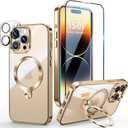 [Tri-Shield Protection] for iPhone 14 Pro Case with 360 Spin Stand Compatible with MagSafe [Magnetic CD Ring] [Screen & Camera Lens Protector] Shockproof Plating Never-Yellowing, Gold-6.1"