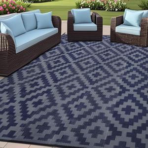 SAND MINE Reversible Mats, Plastic Straw Rug, Modern Area Rug, Large Floor Mat and Rug for Outdoors, RV, Patio, Backyard, Deck, Picnic, Beach, Trailer, Camping (6' x 9', Blue Grey Lattice)