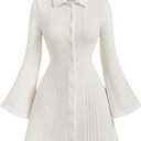 SOLY HUX Women's Button Down Rib Knitted Mini Dress Long Bell Sleeve Flowy Dresses Fall Clothes Plain White Medium