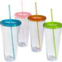 Lily's Home Insulated Tumbler Cups with Straws and Lids, Double Wall Clear Acrylic Plastic. Perfect for Iced Coffee, Hot Drinks, Water. BPA Free. Multicolor lids - 4 Pack (32 oz, Clear)