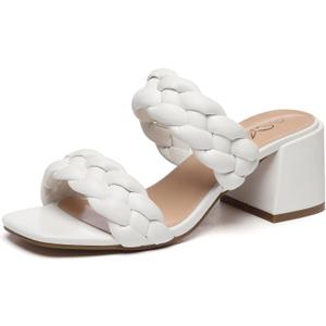 Athlefit Women's Braided Heeled Sandals Strappy Square Open Toe Heels Backless Mules Slip On Block Heels (6.5, White)
