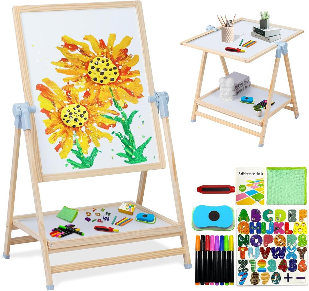 Easel for Kids Toys, Weudear Toddler Dry Erase Board,Magnetic Double Sided Wooden Standing, 4 in 1 White Board & Chalk Board & Tabletop for Kids 3-4 4-8 9-12 Height Adjustable 22-39 inch