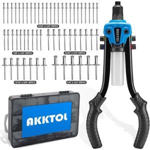 AKKTOL Rivet Gun Kit, 1/4" Pop Rivet Gun Kit with 210pcs Blind Rivets, Heavy Duty 13" Rivet Gun Tool with 5 Nosepieces incl. 3/16" & 1/8" for Metal, Gutter & Automotive (blue)