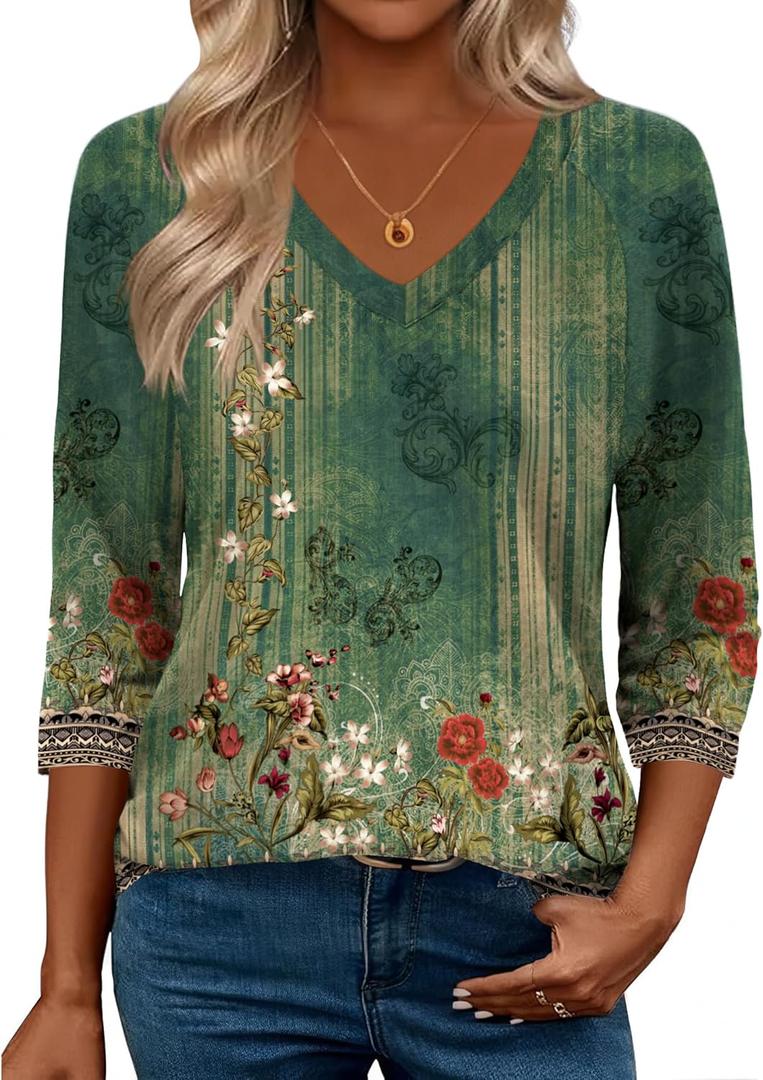 Zeagoo 3/4 Length Sleeve Womens Tops Casual V Neck Shirts Soft Basic Tees Business Work Blouses (Large)