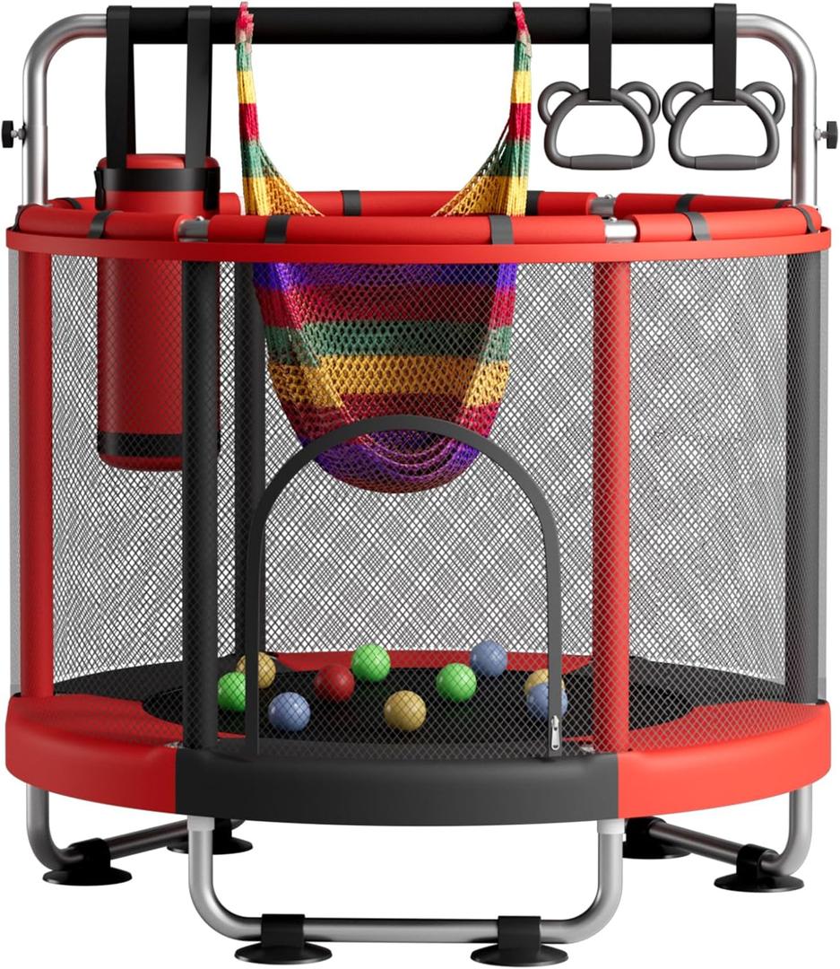 ZCMHAXJ 55" Trampoline for Kids with Enclosure, 440lbs Capacity Indoor & Outdoor Toddler Trampoline with Adjustable Gymnastics Bar & Toys, for Boys & Girls, Red
