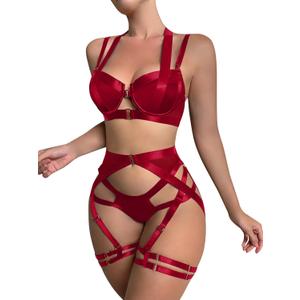 Lilosy Sexy Strappy Underwire Push Up Garter Belt Women Lingerie Set Harness Cutout Outfits Matching Bra Panty 3 Piece (Medium, Burgundy Red)