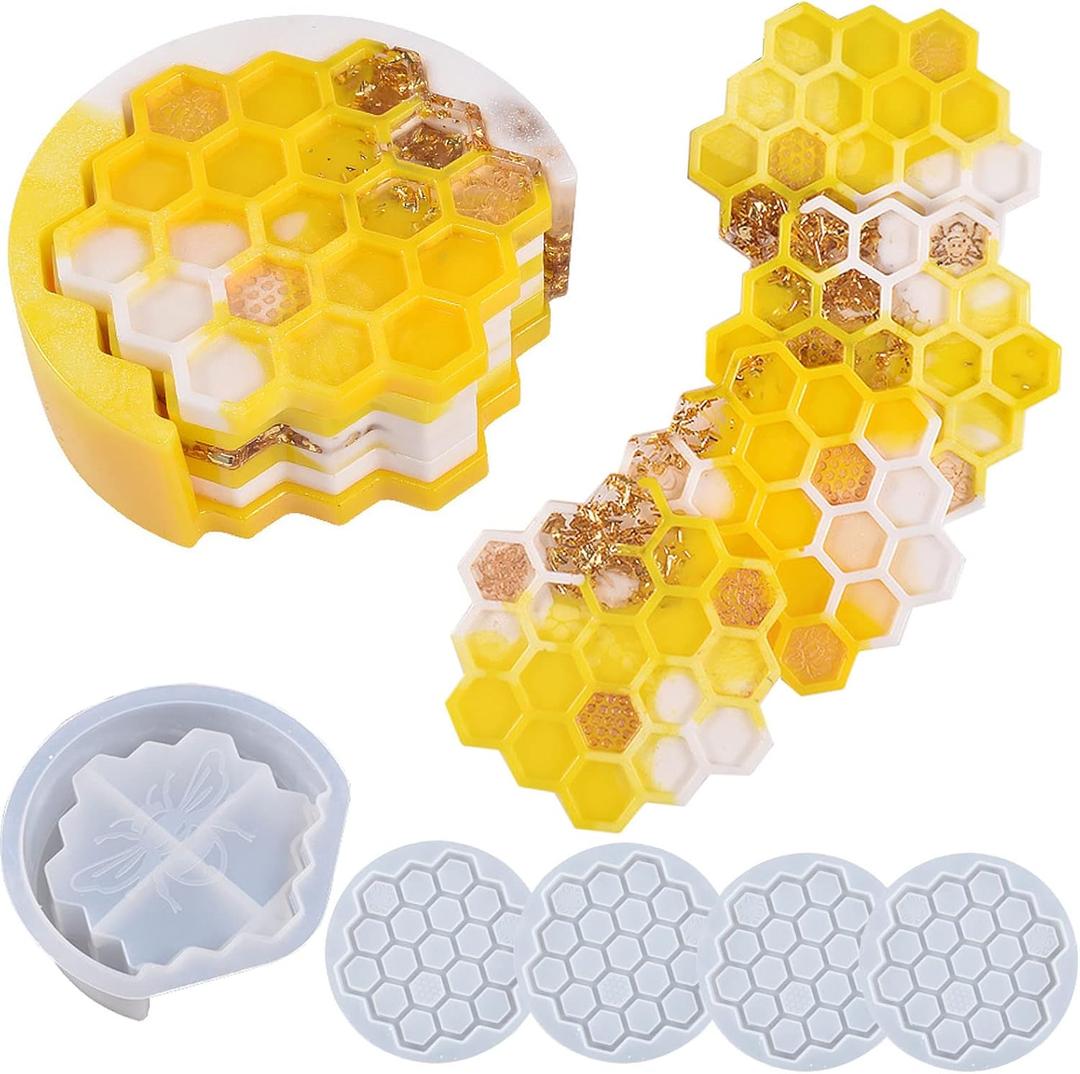 1 Set of Honeycomb Coaster Silicone Resin Mold with 4 Pcs Hexagon Shaped Epoxy Silicone Placemat Coasters Casting Molds Tray for Drinking Glasses Coffee Cup, 3D DIY Making Handmade Display Crafts