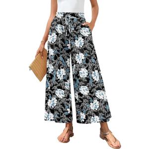 Bestbee Womens Palazzo Pants Dressy Casual Wide Leg Gaucho Pant Business Flowy Slacks Elastic Waist with Pockets, L, Black, White,Blue