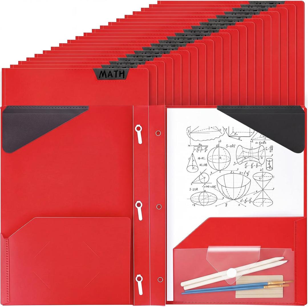 PerKoop 24 Pack Plastic Folders with 3 Prongs, Heavy Duty, Red