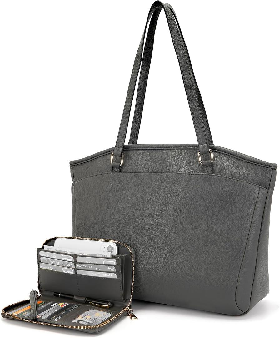 YZAOLL 15.6 Inch Laptop Tote Bag for Women, Water-resistant Vegan Leather with Anti-Scratch Padded Sleeve, Lightweight Multi-Pocket Work Bag for Business Travel, College, Office Essentials, DarkGrey