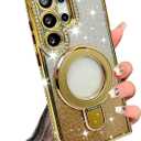 Samsung Galaxy S25 Magnetic Glitter Case [Compatible with MagSafe] Women Girls Bling Rhinestone Case with Stand Luxury Diamond Camera Lens Protection Shockproof Case for Galaxy S25, Gold