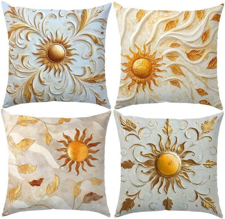 OBSEDE Vintage Golden Sun and Leaf Pattern Mural Throw Pillow Covers 18  18 in, Set of 4, Couch Cushion Cases Inserts for Sofa Bed Living Room Home Decor, Single Side Print