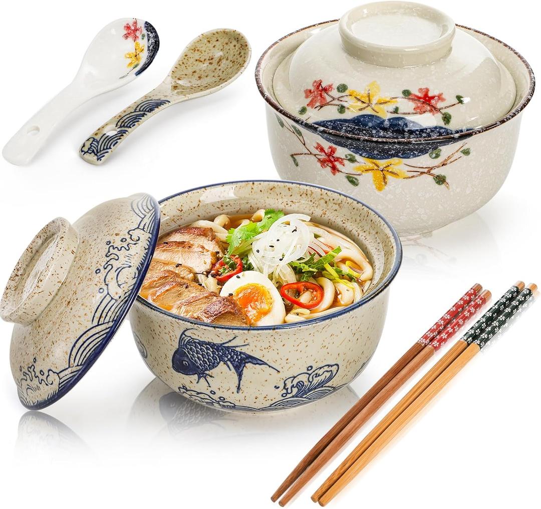 Nagpew 2 Pieces Ceramic Ramen Bowls, 25 Oz Large Soup Bowl with Lid, Spoon, Chopstick, Handpainted Japanese Tableware for Noodles, Salad, Rice, Microwave Dishwasher safe