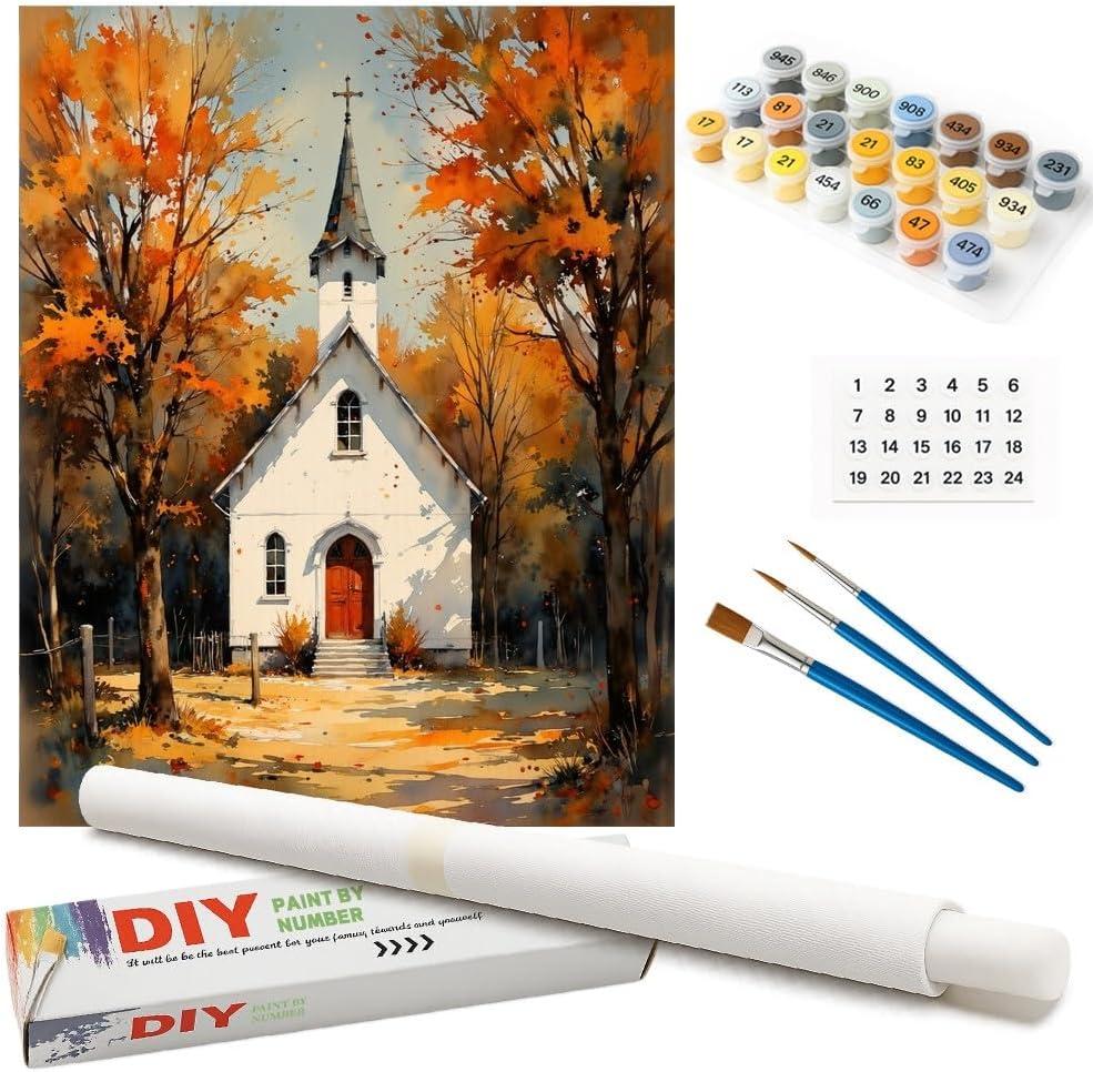 Countryside Church Paint by Numbers Kit for Adults - DIY White Chapel with Red Door in Autumn Forest Painting on Rolled Canvas 16x20 Inches, Acrylic Paint Set for Beginners, Home Wall Art or Gifts