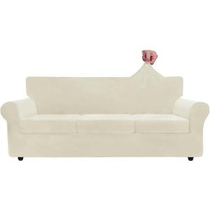 ZNSAYOTX Oversized Velvet Couch Cover 4 Piece (92"115") Stretch Sofa Covers for 3 Cushion Couch Thick Soft XLSlipcover with Non Slip Strap, Dog Pet Friendly Nice Furniture Protector (Beige)