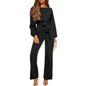 Womens Casual Jumpsuits Loose Fit Belted Dressy Long Sleeve Crewneck Autumn Jumpsuit Long Wide Legs Formal Rompers (XL, Black)