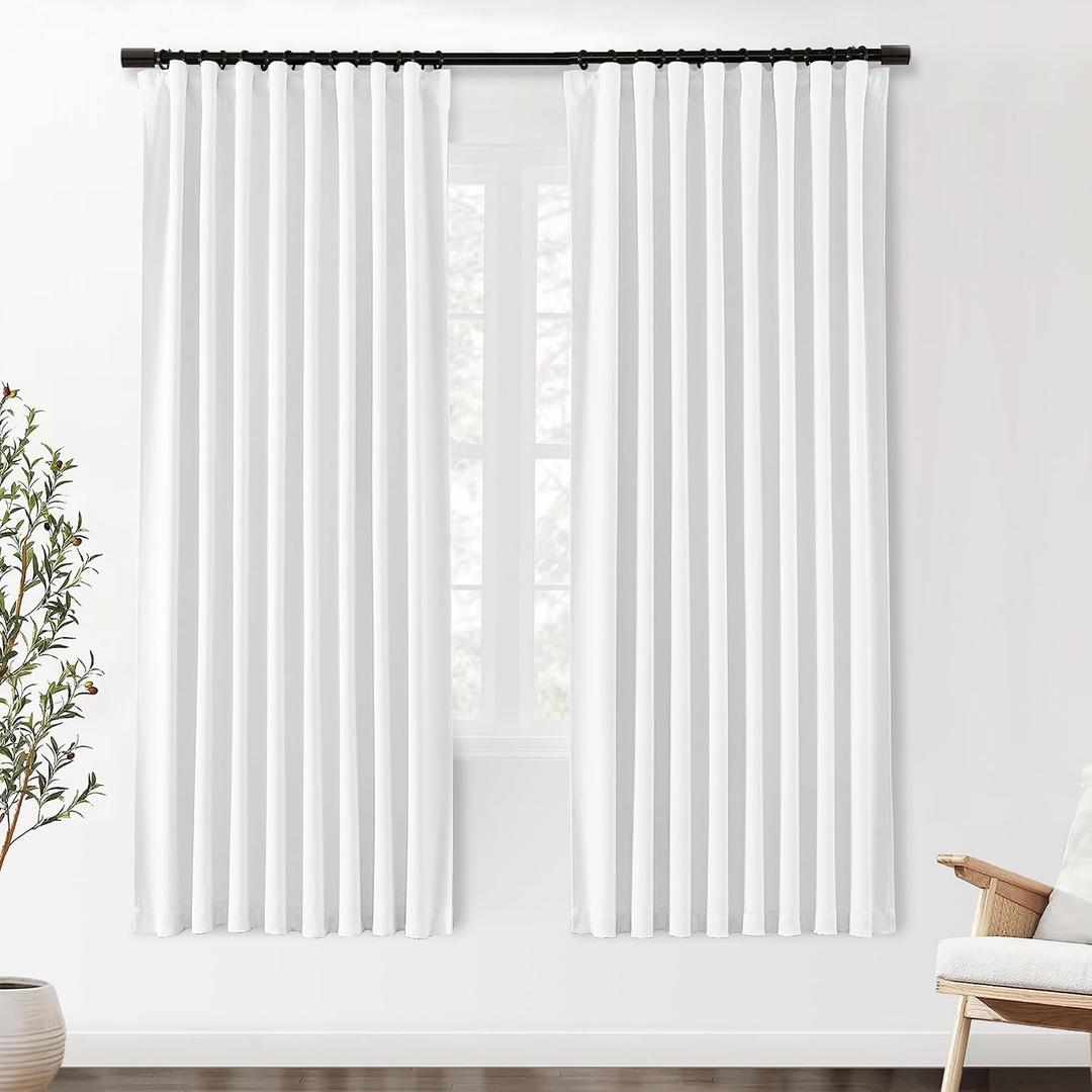 SHINELAND White Blackout Curtains Pleated with Hooks Rings Black Out 76 Inch Length Long 2 Panels Set Living Room Bedroom Thermal Curtains
