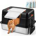 Vivifying XL Stainless Steel Cat Litter Box with 13.2 lb Cat Litter, Black