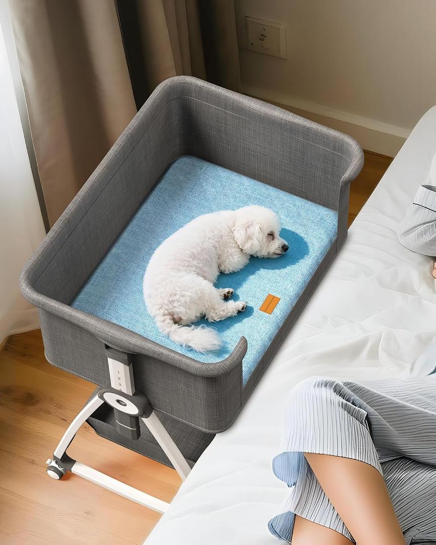 Bedside Dog Bed, 6-Height Adjustable Elevated Cat Bed for Small & Medium Puppy & Cat, Extension for Human Bed, Pet Bassinet with Removable & Washable Cover, Dogs Couch with Sides (30" L x 21" W)  Light Gray, Large