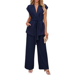 PRETTYGARDEN Women's Summer 2 Piece Outfits 2026 Cap Sleeve V Neck Blazer Vest Wide Leg Pant Sets Office Work Clothes (Medium)