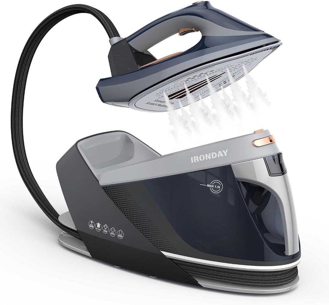 IRONDAY Steam Station for Clothes with LED Screen, 1800W Steam Iron Ceramic Soleplate, Auto Shutoff, Self-clean, Anti-drip, 50.72oz Removable Water Tank Ironing Steamer for Various Fabrics, Blue