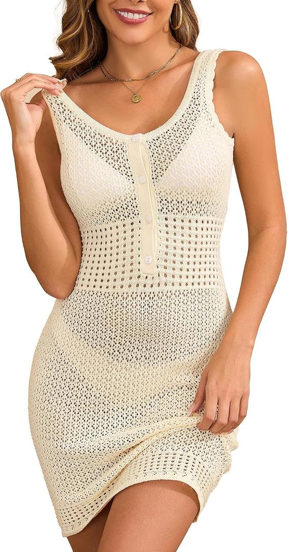 Women's Crochet Swimsuit Coverup Hollow Out Sleeveless Dress for Women 2026 Knit Button Tank Dresses (Beige, XXL)