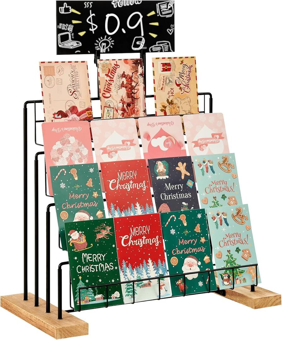 YIYYZI Greeting Card Display Stand, 4Tier Greeting Card Organizer for Cards, Postcard, Photos, Brochure, Sticker, Trading Cards, Metal & Wooden Retail Display Rack for Vendors Counter Retail (Black)