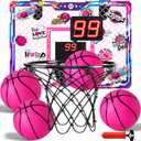 LovesTown Pink Indoor Mini Basketball Hoop, for Girls Ages 4-12, Over The Door Hoop with LED Lights & Electronic Scoreboard, 4 Balls, DIY Stickers, Sports Toys for Family Game Night