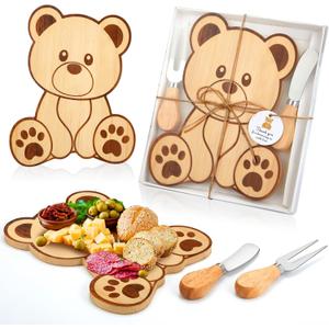 Ziliny 1 Set Baby Shower Prizes Bear Shaped Cheese Board with Cheese Knives and Forks Baby Shower Party Favors Gift Box for Wedding Bridal Birthday Gender Reveal Favor (Bamboo Color)
