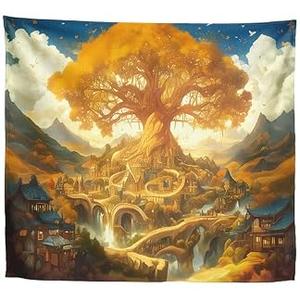 Xolytar Fantasy Landscape Tapestry Golden Elven City - Enchanted World Tree Wall Art, Magical Fairytale Kingdom Decor for Library, Gamer Room, Book Lover (50x60)