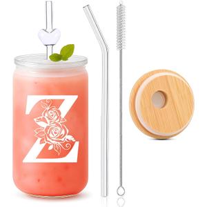 Custom Cups for Women  16oz Monogrammed Glass Tumbler with Lid & StrawPersonalized Cups with Names, Personalized Birthday Gift for Her, Coworker, Bachelorette Party,Christmas-Z