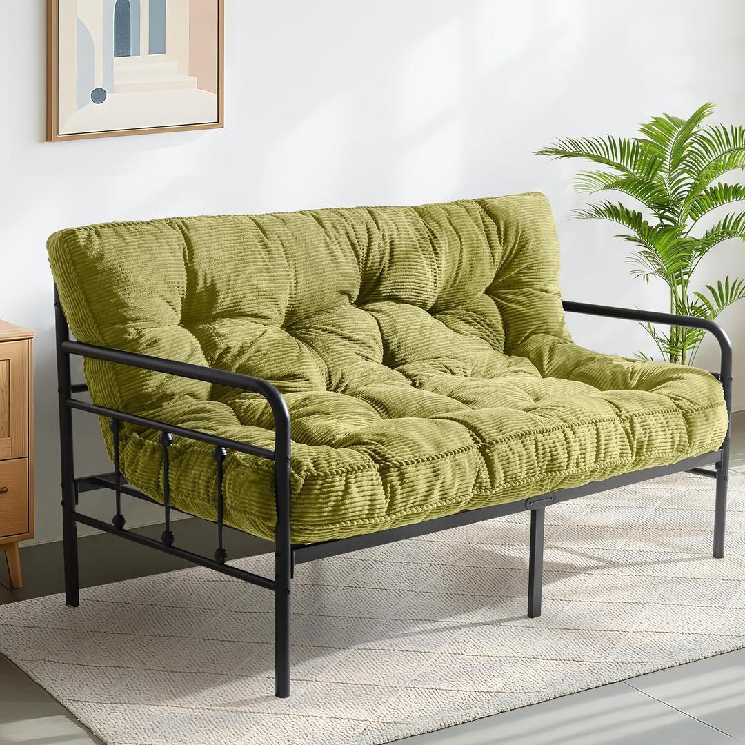 MAXYOYO 6" Futon Mattress Full Size, Tufted Futons Sofa Couch Bed with Twisted Rope Design Edging, Thick Corded Fabric Floor Mattress for Adults, Shredded Foam Filling (Frame Not Included), Green