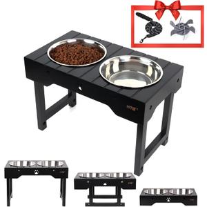 HTB Elevated Dog Bowls with Slow Feeder & pet Leash,Raised Dog Bowl Stand Adjusts to 3.1,8.1,11.8 (Black)